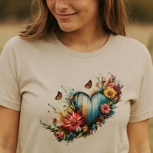 Rustic Blue Heart Floral Tee | Country Boho Butterfly Shirt | Women’s Graphic